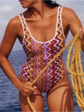New Salt Gypsy x FP Zippy Surf XL Purple Wavy Zip-Front One-Piece Maillot Swim